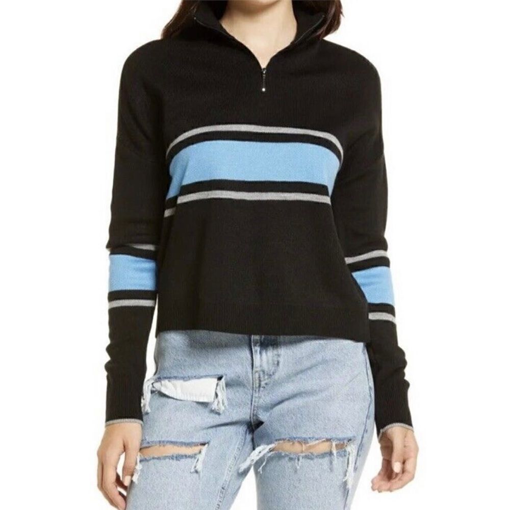 BP Nordstrom zip mock neck‎ sweater black & blue uneven stripe NWT